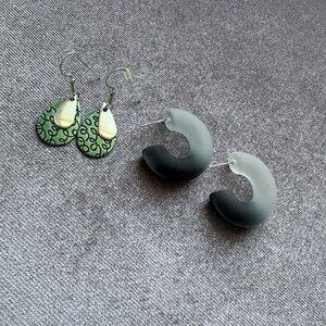 Matte Black Hoop Earrings and Green Teardrop Dangle Set - Women Jewelry